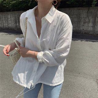 Drawstring Hem Long-sleeve Button-down Casual Shirt Shirt - One Size