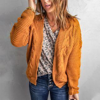 Plain Loose-fit Cable-knit Cardigan
