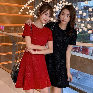 Short-sleeve Glitter A-line Mini Dress