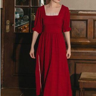 Square-neck Beaded Midi A-line Dress