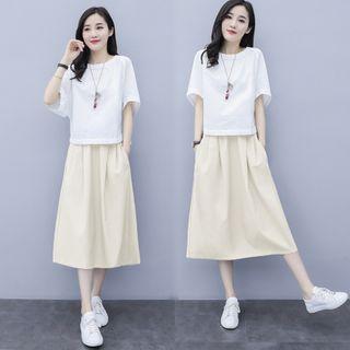 Set: Elbow-sleeve Plain T-shirt + Midi Skirt