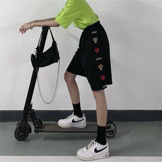 Heart Bear Embroidered Wide-leg Shorts