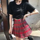 Short-sleeve Drawstring T-shirt / Plaid Mini Pleated Skirt