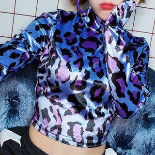Leopard Print Long-sleeve Mock Neck Crop Top