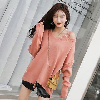 Long-sleeve Cut Out Lettering Embroidered Knit Top