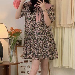 Puff-sleeve Peter Pan Collar Floral Printed Dress Floral - One Size