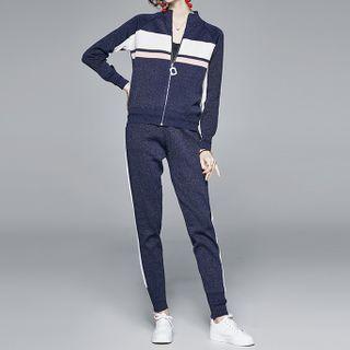 Set: Color Panel Zip Jacket + Sweatpants Navy Blue - One Size