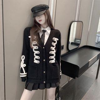 Long-sleeve Tie-neck Shirt / Embellished Cardigan