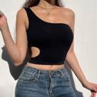 One Shoulder Ribbed-knit Cut-out Crop Tank Top