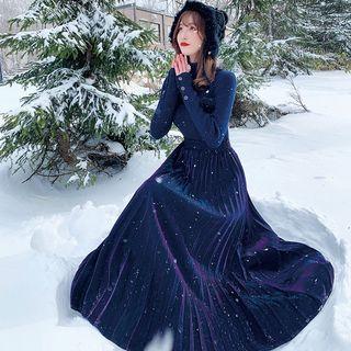Set: Mock-turtleneck Knit Top + Accordion Pleat Maxi Skirt
