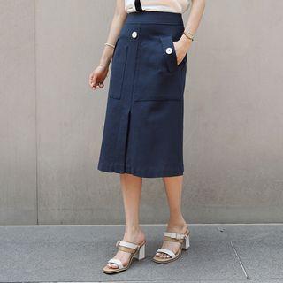 Button-trim Slit-front A-line Skirt