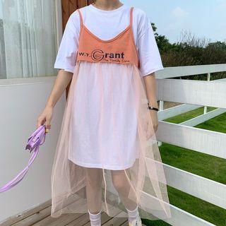 Short-sleeve T-shirt Dress / Spaghetti-strap Mesh Dress