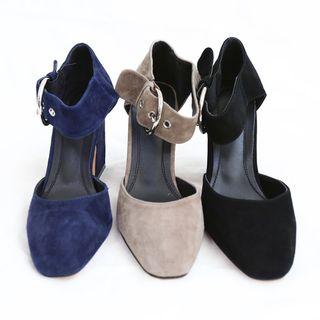 Belted-detail Faux-suede Pumps
