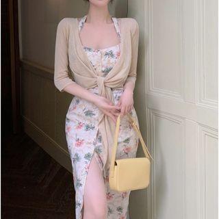 Spaghetti-strap Halter Floral Print Midi Sheath Dress / Cardigan