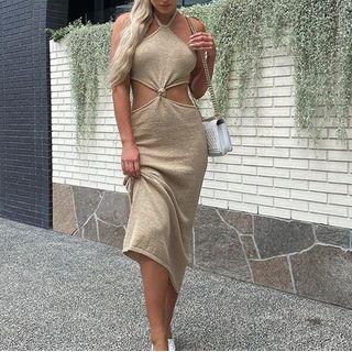 Halter Cut Out Midi Sheath Dress