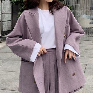 Double-breasted Acrylic Long-sleeve Coat / High-waist Pleated Skort