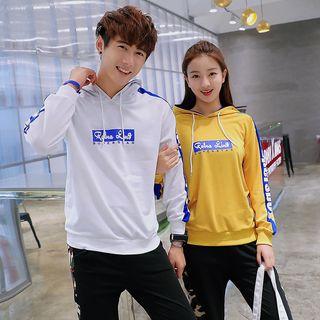 Couple Matching Lettering Hoodie/ Camo-trim Jogger Pants