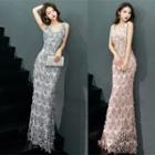 Patterned Sleeveless Sheath Evening Gown