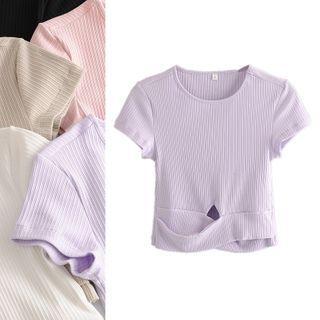 Plain Short-sleeve Cutout Rib-knit Cropped Top