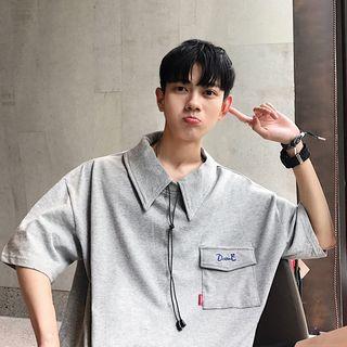 Elbow-sleeve Embroidered Collared T-shirt