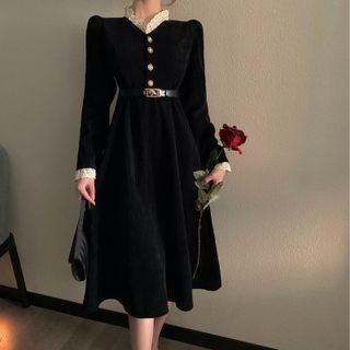 Puff Sleeve Lace Trim A-line Dress
