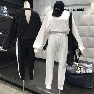 Set: Plain Open Back Long-sleeve Top + Sweatpants