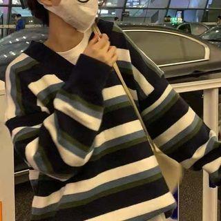 Striped V-neck Sweater Blue - One Size