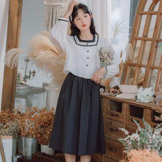 Set: Square-neck Blouse + Midi A-line Skirt