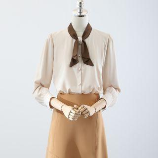 Tie-neck Puff-sleeve Blouse / Midi A-line Skirt