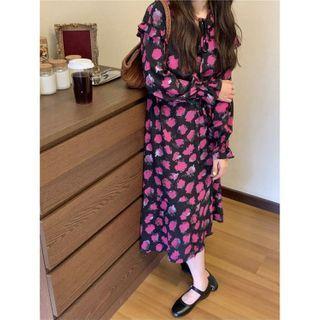 Rose Print Long-sleeve Dress