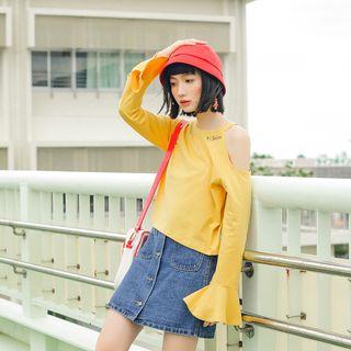 Cut Out Shoulder Letter Embroidered Long Sleeve T-shirt