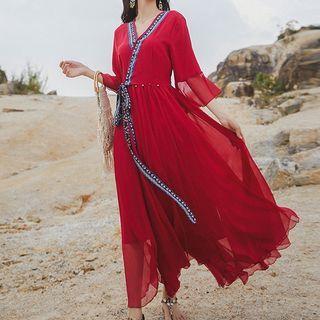 Elbow-sleeve Patterned Trim Midi A-line Dress