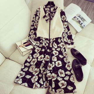 Set: Floral Long-sleeve Midi A-line Dress + Knit Vest