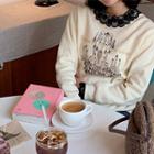 Lace-trim Letter-embroidered Printed Pullover