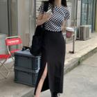 Short-sleeve Plaid T-shirt / High-waist Plain Split Skirt