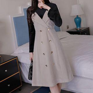 Mock Two-piece Long-sleeve Velvet Panel A-line Dress