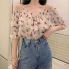 Elbow-sleeve Cold-shoulder Dotted Top As Shown In Figure - One Size