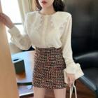 Long-sleeve Lace Shirt / Tweed Mini A-line Skirt