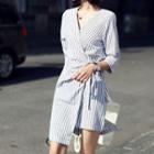 Pinstripe V-neck Elbow-sleeve Dress