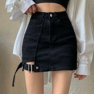 Buckled Denim Pencil Skirt