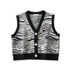 Zebra Print Button-up Cropped Knit Vest Black & White - One Size