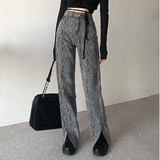 Snake Print Slit-hem Straight Leg Jeans