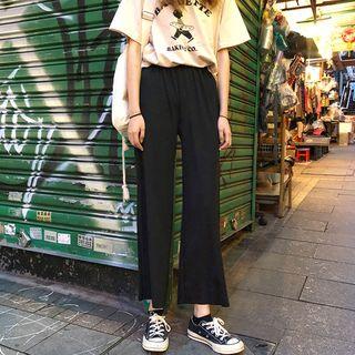 Plain Loose-fit Cropped Pants Black - One Size