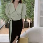 Puff-sleeve Tie-strap Cropped Blouse / Slit Midi Pencil Skirt