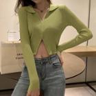 Long-sleeve Polo Collar Zip Up Ribbed Knit Crop Top
