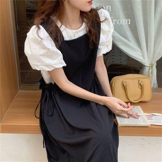 Puff Short-sleeve Round Neck Plain Blouse / Side Drawstring Midi A-line Pinafore Dress