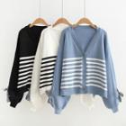 Single-breasted Open-front Striped V-neck Cardigan