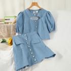 Set: Short-sleeve Print Blouse + Mini A-line Skirt