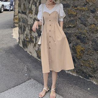 Puff-sleeve Paneled Buttoned A-line Midi Dress