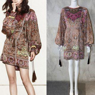 Long-sleeve Tie Cuff Printed Dress